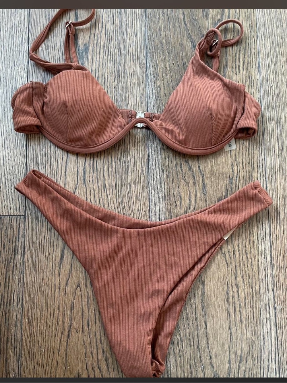 SHEIN Ribbed Brown Underwire Bikini Set